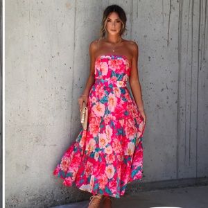 Valeria floral strapless tiered midi dress - pink
